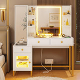 Viocco Vanity with Lighted Mirror and Charging Station, Makeup Table with Jewelry Armoire, Full Length Mirror, RGB Cabinet, White