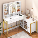 Vicco White and Gold Vanity with Sliding Mirror and Lights, Corner Vanity Desk