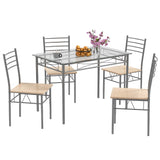 VICCO 5 Piece Dining Set Table and 4 Chairs Glass Top Kitchen Breakfast Furniture Brown