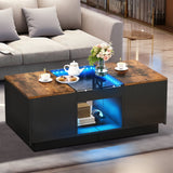 Vicco Modern LED Coffee Table, Brown Coffee Table with Storage, Large Living Room Center Tables, 2 Tiers and 2 Drawers