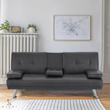 Sofa Bed, Faux Leather Futon Couch with Armrest and 2 Cupholders