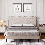 Vicco Queen Size Bed Frame Linen Upholstered Platform Bed with Button Tufted