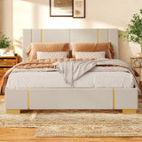 Vicco Queen Size Bed Frame with Upholstered Headboard Beige Finish