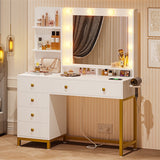 VIicco Makeup Vanity Desk with Mirror and Lights and Charging Station, Vanity Dressing Table with 5 Drawers and Storage Shelves, White