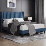 Vicco Queen Platform Bed with Upholstered Headboard & Mattress Foundation, Navy Blue