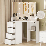 Vicco Corner Vanity Desk with Lighted Mirror & Charging Station Makeup Vanity Table with 4 Drawer, White