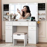 Vicco Makeup Vanity Desk with Lighted Mirror & Power Outlet, Vanity Table with Glass Top & Drawers