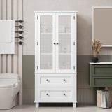 VICCO Bathroom Cabinet with Rattan Doors, Rattan Linen Storage Cabinet with 2 Drawers. White