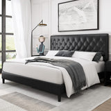 Full Bed Frame, Black Faux Leather Upholstered Button